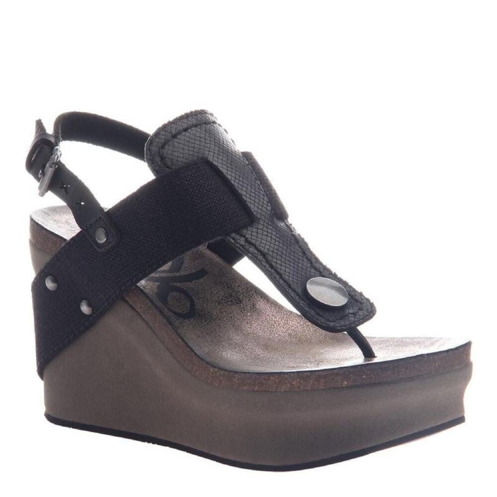 otBt "Joyride" Black Leather Wedge Sandals SZ 6.5